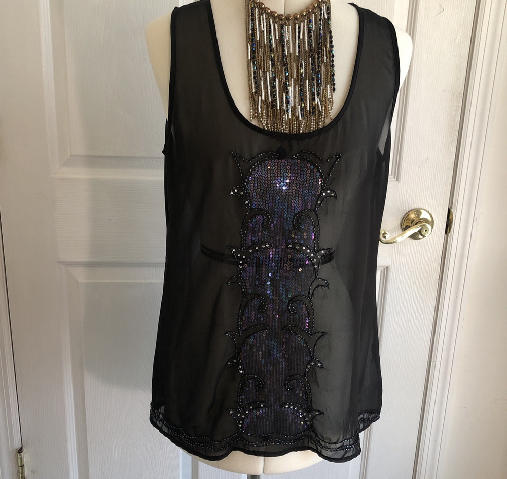 Y2K Sheer Black Sleeveless blouse M iridescent sequin embroidery Whimsigoth glam